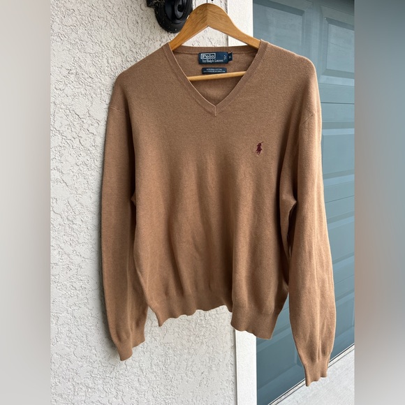 Polo Ralph Lauren Other - Men's Tan Brown Ralph Lauren V Neck Pima Cotton Sweater W Burgundy Logo Size XL